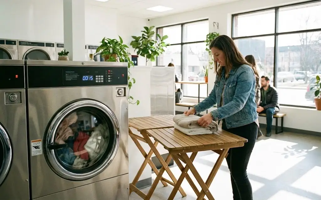 Quiet laundromat with empty washers and dryers during off-peak morning hours.