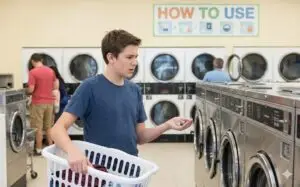 Person using a front-load washer at a clean laundromat with a laundry basket and detergent supplies nearby.